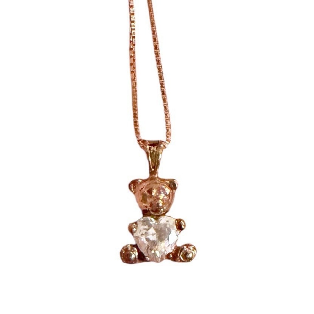 Vermeil‎ 14k Gold Over 925 Heart Cubic Zirconia Teddy Bear Pendant & Chain CZ